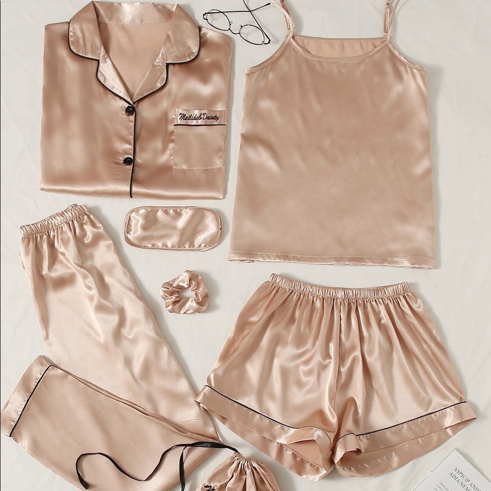 7pcs  contrast  binding satin pj  set